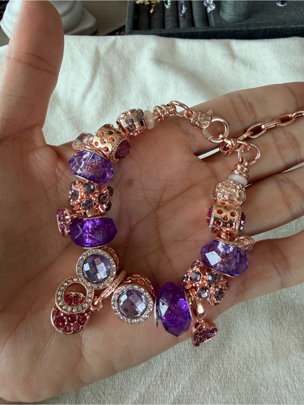 Rose Gold Bracelet with Purple Crystal Beads — Women's Charm Bracelet